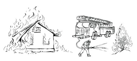 911 urgent car truck hose aid team risk job activity fight hero male try street park tree bush plant bonfire blaze. Hand draw no mean logic effect result save spray humor symbol vector art graphic skyのイラスト素材