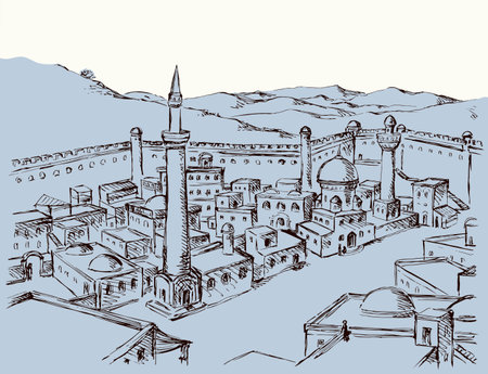 Retro past bible middl jew rural orient Africa egypt country urban fort desert hill valley scene place sky view Hand draw Iran Iraq Oman Turkey Persia square tower travel sketch line biblic art vectorのイラスト素材