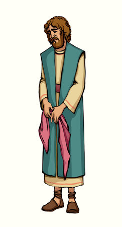 Jew guy doubt wonder frown bad guilty upset mourn grief god cry faith trust idea robe cloth look down Hand drawn Arab elder senior age John face lost tired fail shame guilt feel Peter biblic story artのイラスト素材