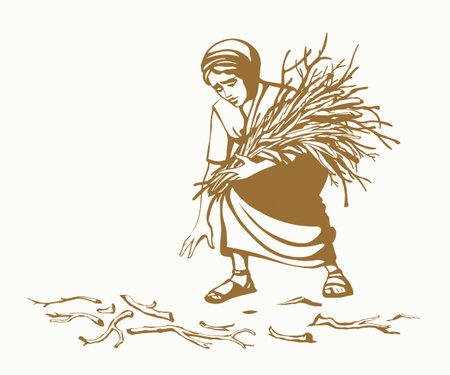 Young upset worry Jew widow east Israel Muslim Arab man arm hold rustic tree plant job White drawn art sad Asian Jewish male maid slave lady raise timber lift up clean lumber straw warm make fire heatのイラスト素材