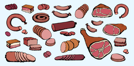 Dry fat lard raw pig leg chop cure shank snack white backdrop. Red line hand drawn natur boil cut...