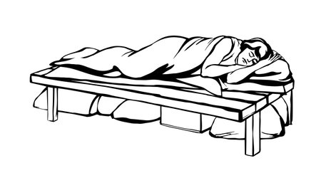 Past history age sad needy poor adult Jew servant guy Peter isolat indoor hut inside cabin interior bag sheet Retro historic hand drawn ill sick tired Jewish slave female girl calm story art sign iconのイラスト素材