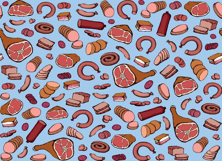 Dry fat lard raw pig leg chop cure shank snack white backdrop. Red line hand drawn natur boil cut lamb veal belly wurst ribey filet bread deli shop lunch menu sign icon retro art sketch pattern designのイラスト素材