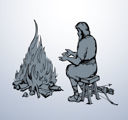 Past retro neolith era camp native culture strong body sit chair rock craft hunt tool worker war arm bow. Hand drawn dirty nomad skin fur cloth cook fiery blaze hot burn food eat art sketch icon signのイラスト素材