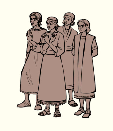 Group 4 rich holy middl east asian teen kid guy prayer stand asia robe tunic dress jew king cloth servant. Line hand drawn retro past persia syria age hebrew judaic arabian sumer pray story art styleのイラスト素材