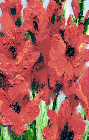 Rustic retro malva artwork scenic view. Vibrant hand drawn acrylic paint grow herb. Modern canva card design style. Bright orange color fresh lily alcea bud herbal field scene on vintage light paperの写真素材