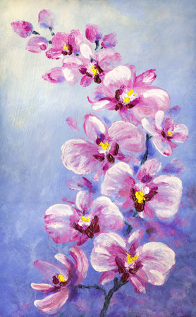 Elegant gouache brushstrokes summer design. Bright rose romantic hand drawn acrylic etude on light blue paper sketchy in retro spot style. Delicate big vibrant lilac color paint aloha orchidea bushの写真素材