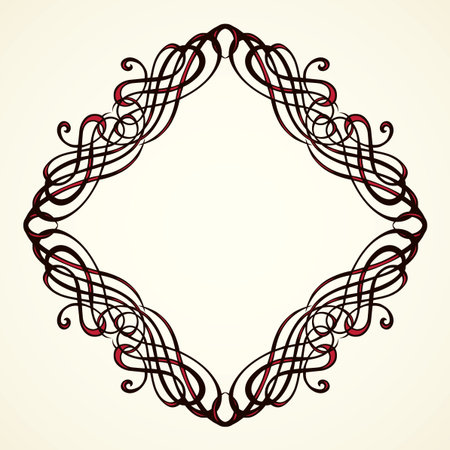 Old cute romantic book ribbon bow swirly tag swoosh element isolated on white paper card backdrop. Freehand black ink pen outline drawn curly corner sketchy in artistic rustic curlicue scrawl styleのイラスト素材