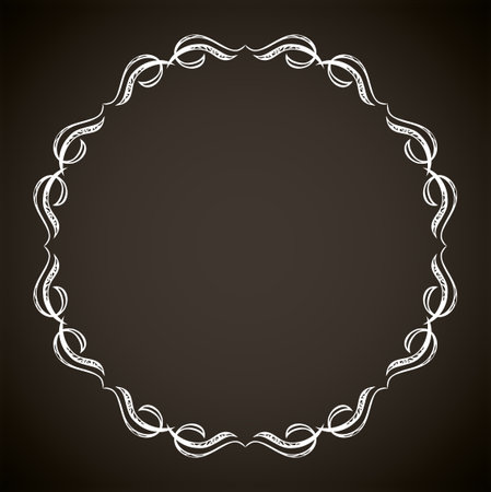 Old cute romantic book ribbon bow swirly tag swoosh element isolated on dark black board backdrop. Freehand white chalk outline drawn curly logo sketchy in artistic rustic curlicue scrawl styleのイラスト素材