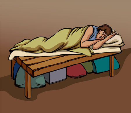 Past history age sad needy poor adult Jew servant guy Peter isolat indoor hut inside cabin interior bag sheet Retro historic hand drawn ill sick tired Jewish slave female girl calm story art sign iconのイラスト素材