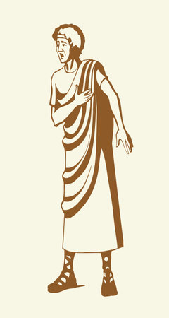 Black line hand drawn young age east Israel Jew boy think belief pray god Jesus Christ. Jewish cloth dress prayer old guy see panic phobia believ retro white faith vision story cartoon rome art sketchのイラスト素材