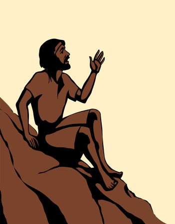 Alon blind Israel guy rise arm plead God Jesus Christ help alm East cloth sad upset stress poor ill sick fall lone jew hobo seat desert hill look need cry shout retro hand drawn sketch faith story artのイラスト素材