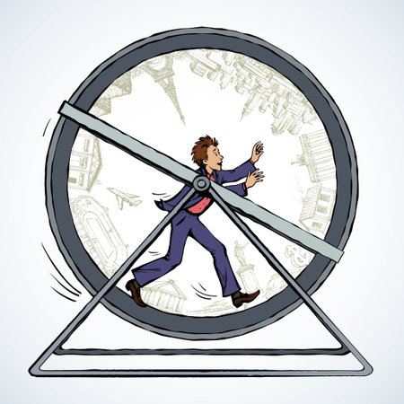 Adult crazy funny fuss office life boss guy mark time quick fly inside rodent rat pet turn rotate roll. Hand drawn fun rush stress sport task trap routine sprint race sign icon cartoon art style ideaのイラスト素材