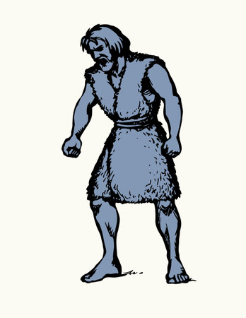 Past retro archaic era native hunt war culture strong brave arm bible story hand drawn cartoon biblic art. Outline dirty wildlife israel nomad guard soldier fur skin cloth clench fist strike sign iconのイラスト素材