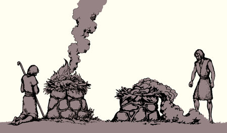 Holy story jew male priest envy anger regret burn law goat gift white sky cloud view scene. Hand drawn line carton art retro faith divin Pagan event tribal sin cult stone rock temple feast icon symbolのイラスト素材