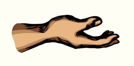 Close up view poor body palm want plead holy Lord Jesus Christ faith point show bless mercie care concept logo. Closeup line black line drawn old offer bribe hold retro bible faith art cartoon styleのイラスト素材