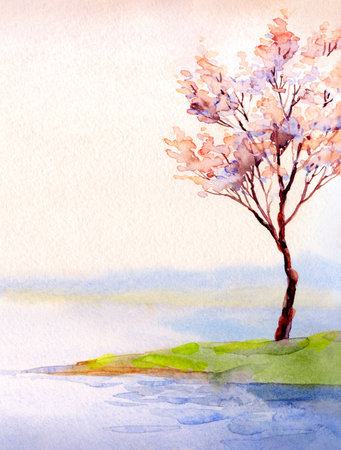 Handmade abstract artist watercolour paint sketch cloudy fog seashore scene on paper backdrop text space. Hand drawn light pink color floral cherry bush calm wild valley rural scenic view artwork cardの写真素材