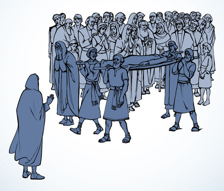 Jew believ sad parent prayer go Nain child kid last faith cry lament weep tear pray lord god savior scene. Hand drawn sketch retro art jewish hold lie boy rise life girl lay tomb church belief storyのイラスト素材