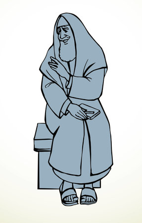 Holy male Asian jew guy john seat show arm think teach pray culture read god story note. Line pen hand drawn cartoon sketch retro art sign icon oriental Saudi arabian Asia robe dress cloth text symbolのイラスト素材