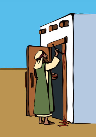 Jew slavery law human pray hold put post frame slave go story. East street place Islam Muslim prayer retro age Jewish hand drawn art sketch prophet holiday father save family child son ritual conceptのイラスト素材