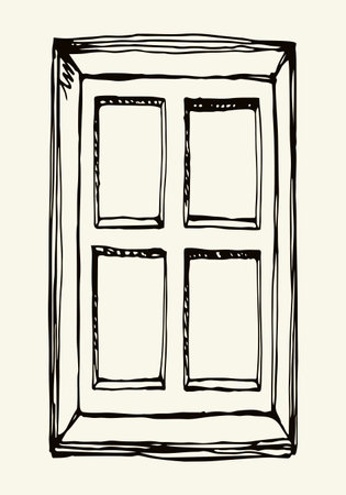 Rusty past age small dirty empty blank poor farm barn lodge hut sill sash look see light sky sun scene. Front outline black hand drawn worn pvc pane logo border wall retro doodle art style text spaceのイラスト素材