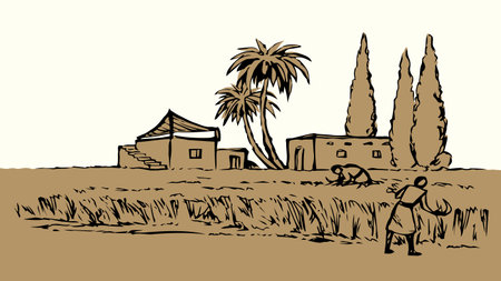 Rustic Israel female girl slave Muslim hut palm tree bush corn seed grain flour food sickle rye barley ear grass land meadow road path scenic view. Hand drawn retro bible age art sketch city town skyのイラスト素材