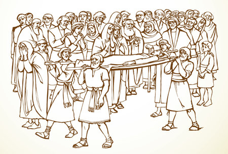 Many jew sad parent prayer go stress child kid last lost corpse parade event cry lament weep tear pray god. Hand drawn line retro art jewish guy husband war victim hold casket lie rise life girl tombのイラスト素材