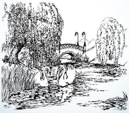 Scenic view wood cute rural light bill beak neck pet walk rest morn stream wave reed plant leaf text space. Outline black ink pen hand drawn village even lamp wed fly fauna retro cartoon line art stylのイラスト素材