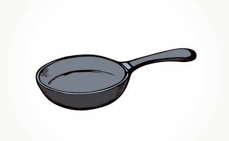 Old empty iron fryer with wooden stick isolated on white background. Outline freehand ink hand drawn logo pictogram sketchy in art retro doodle engraved style pen on paper space for text. View closeupのイラスト素材