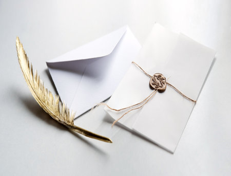 Close up top macro view classic age secret royal gift ink tool art style closed sign craft sent delivery Light gold beig wax string tie tag parcel pack table desk text space rustic artist effect decorの写真素材