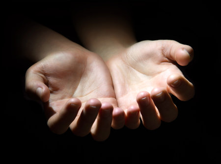 Closeup young lady hold 2 open cup palm. Close up old retro history male guy boy show text spaceの写真素材