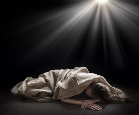 Young biblic lone tired lost fail guilt mourn grief mood feel weep cry teen lady lay floor ask beg God faith Poor sick body mental guilty fear sin ill pain prison drunk drug shame old bible slum nightの写真素材