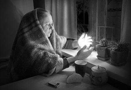 2022 adult lady face sit wait army help look Europ city no warm heat burn off concept text space. Human pain attack save life God peace insid rural urban black hide refuge hutの写真素材