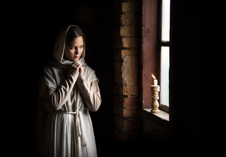 Lone retro rural veil cloth maid life sad poor lady face look cry plead bible. Holy cold kid child think ask beg old biblical god wait even flame light war home room text spaceの写真素材