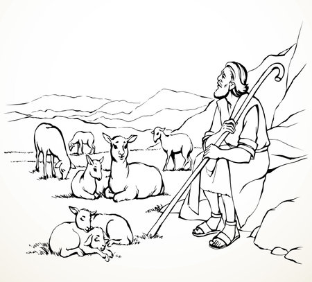 Rural age beard guard worker arm hold cane staff care cute male baby goat pet flock grass hill land scene. Middle east robe dress cloth holy jew servant work Jesus Christ Lord God pray story retro artのイラスト素材