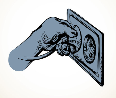 Closeup male arm 2 ac watt portable plastic wattage hardware pin house wall switch. Black drawn network rosette amp volt element app off logo idea concept doodle line pencil art style white text spaceのイラスト素材