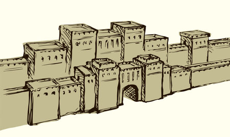 Asia Arabia hebrew town line brick scene on white sky text space. Outline black hand drawn eastern jew logo icon sign in retro artist engrave middle orient asian arab religion bible style. Front viewのイラスト素材