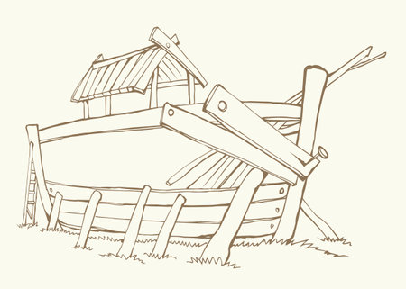 Wood big arc build home ruin view Ararat's land earth white sky text space. Vintage line art doodle comic style black hand drawn genesis holy Lord hope gospel built project picture icon design conceptのイラスト素材