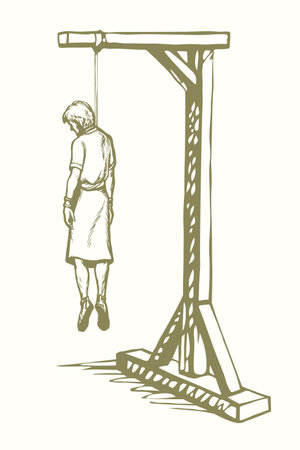 Young lethal jail life poor guy problem white sky. Dark black line hand drawn art sketch horror cruel stress human girl victim body neck slipknot hung wood trap evil node sign icon retro war conceptのイラスト素材