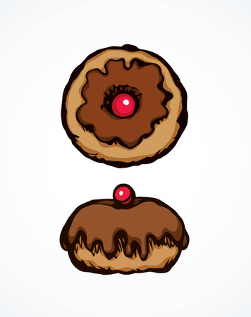 Fat sweet sugar choco glaze pie design on white card space for text. Bright brown color hand drawn hebrew festive holiday meal sign. Greet Israel party icon sketch in art retro doodle cartoon vector styleのイラスト素材