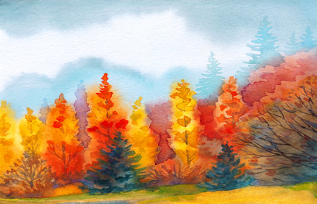 Hand drawn watercolour paint sketch on paper pattern backdrop. Text space on artwork taiga wet fog day scenic cloudy mist view. Bright red orange color wild dry grass plant land acrylic russia sceneの写真素材