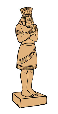 Middle east big Sumer old age gold Iraq royal prince Xerx crown dress cloth jew prophet white body leg face sign icon. Line black pencil hand drawn Iran picture sketch retro art graphic Jewish styleのイラスト素材