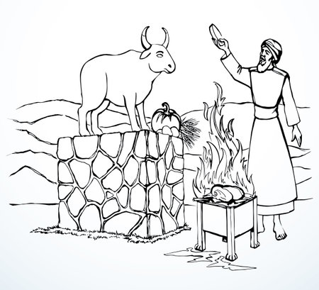 Middle east big ethnic Egypt age gold jew sin white king myth rite horn farm male cattle lord temple sign icon. Line black pencil hand drawn picture sketch retro holy Moses law story art graphic styleのイラスト素材