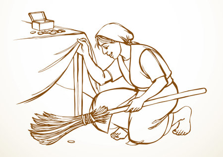 Young joy happy kneel tidy Israel jew mop wipe tool job worker smile up lady face old retro age god Christ biblic art sketch text space Dark hand drawn rural jewish rustic dirt faith arab hope conceptのイラスト素材