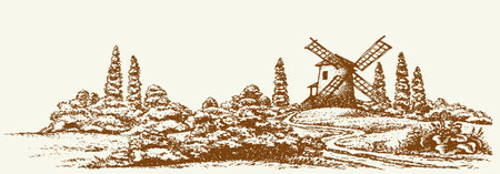 Outdoor autumn hill garden path scene grind food rye grain barn scenic view white sky text space. Outline black ink hand drawn picture culture design engrave age art doodle cartoon line logo icon signのイラスト素材