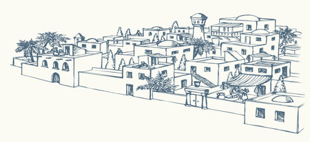 Retro orient jew bible age stone urban wall door gate rural Ksar road nature tree land scenic view. Hand drawn art Saudi Arabia style Iran outdoor jewish white even sky islam Irak street travel symbolのイラスト素材