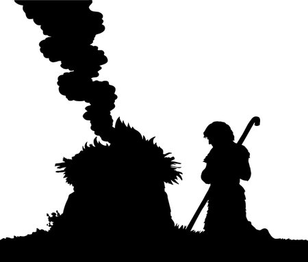 Holy hebrew story jew male priest Abel kneel law goat cow white sky cloud view scene. Hand drawn black line carton art retro Elijah faith divin Pagan even tribal sin cult temple feast sign icon symbolのイラスト素材