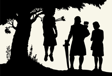 Hand drawn black line jew human guy ride mule lost chase kid child boy wild wooden land field plant leaf garden white sky. Sick ill girl victim crisis knight leader fall suffer sketch art win storyのイラスト素材