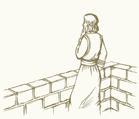Retro art hand drawn alone sad upset sorrow East Asian jewish chief ruler David soldier wait watch serious war ask believ god Royal lonely young jew hero king story fear urban town stone fort roof skyのイラスト素材