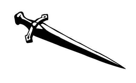 Close up big short classic decorative past age golden gothic dirk tool white text space. Closeup black line hand drawn heavy cutlass shield logo emblem insignia doodle outline contor engrave art styleのイラスト素材